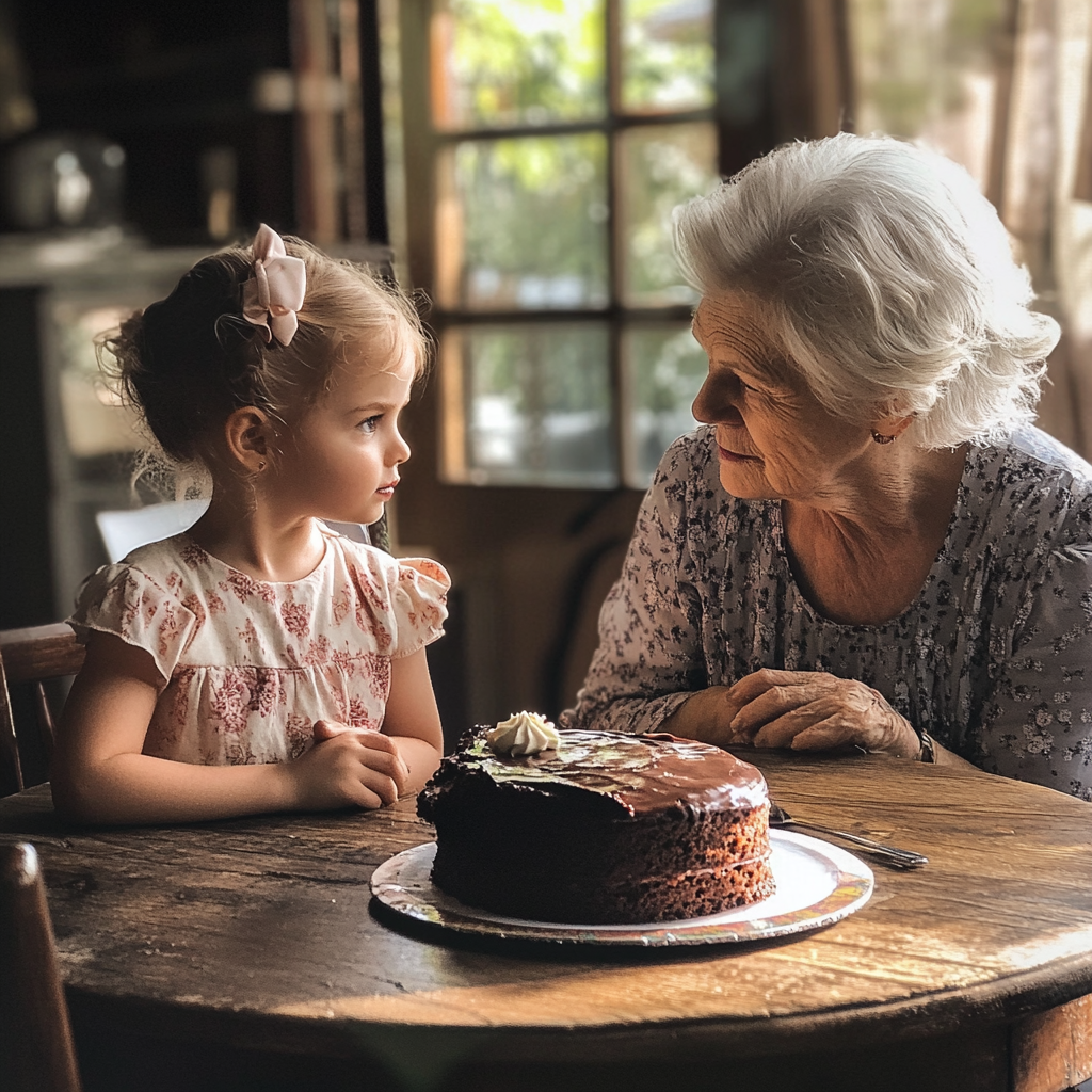 A little girl and an old woman sitting at a table | Source: Midjourney