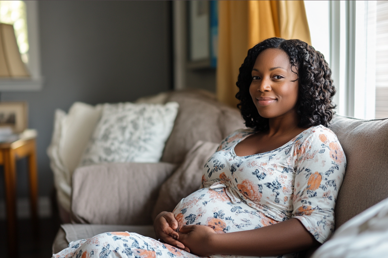 A pregnant woman on a sofa | Source: Midjourney