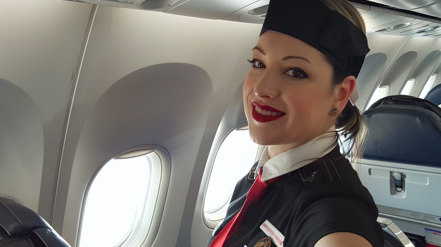 A flight attendant smiling | Source: Midjourney