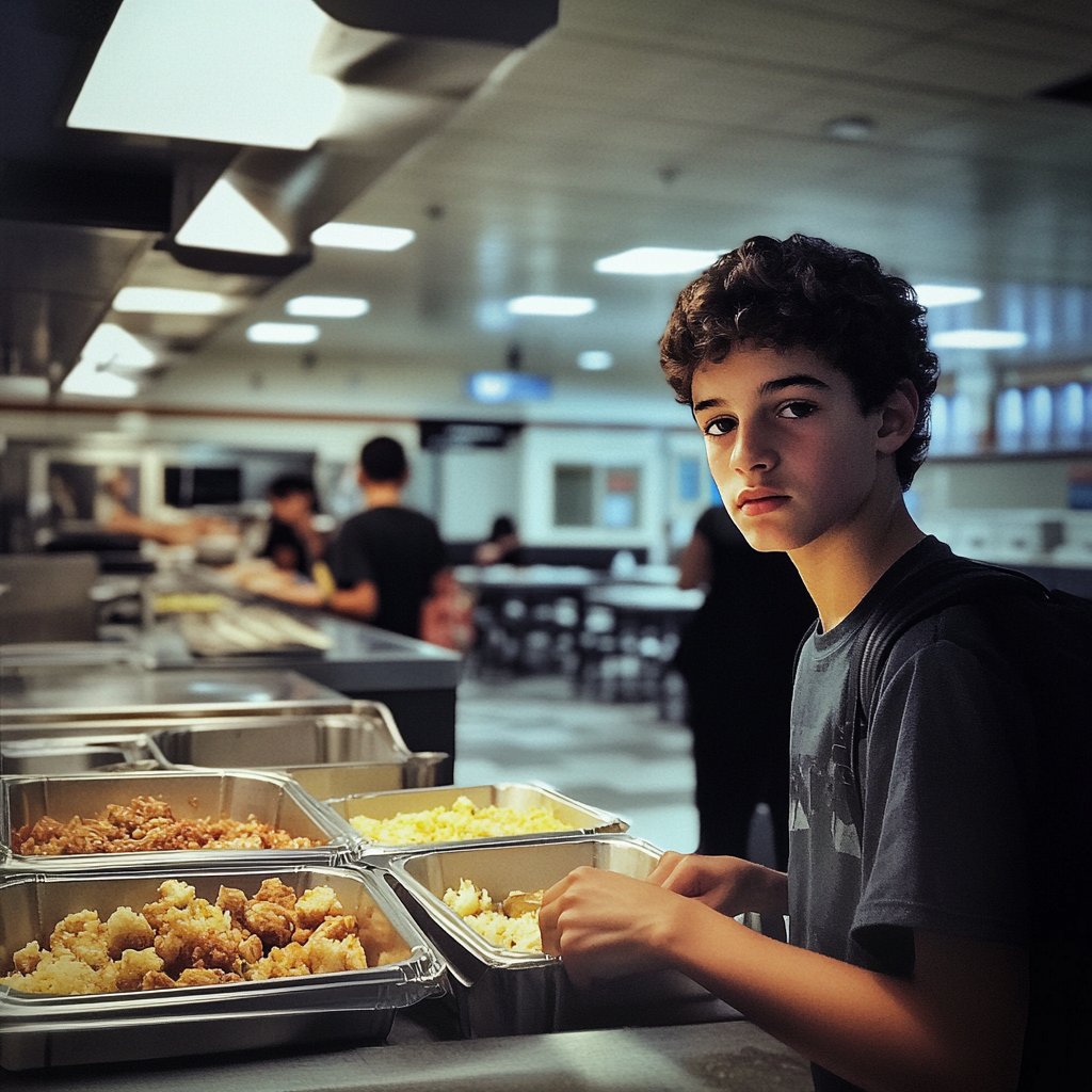 A boy at a school cafeteria | Source: Midjourney