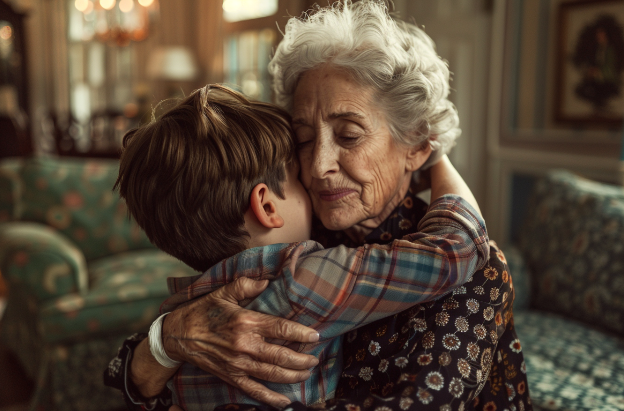 A woman holding her grandson close | Source: Midjourney