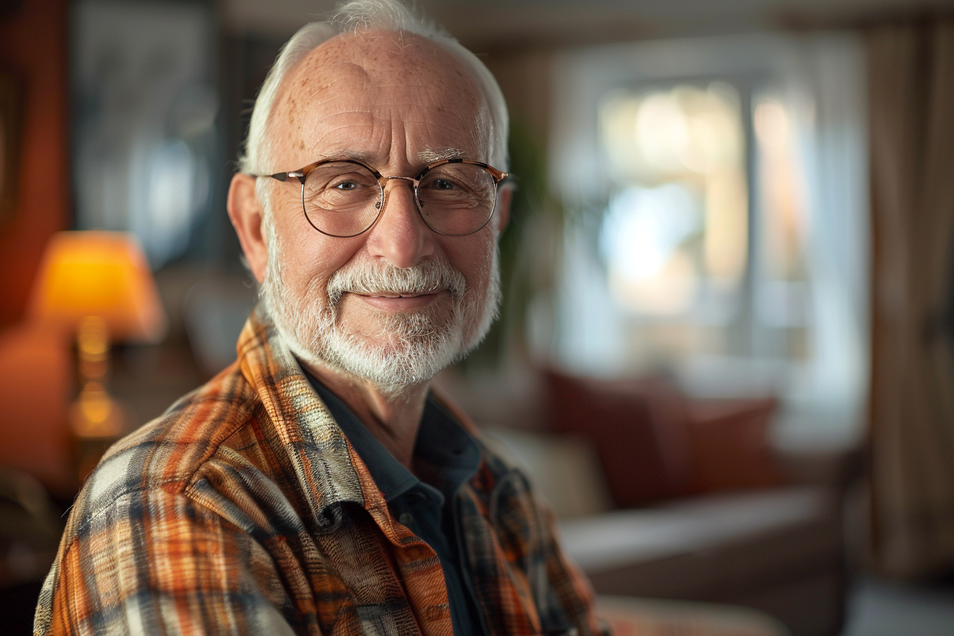 Mature man smiling in the living room | Source: Midjourney