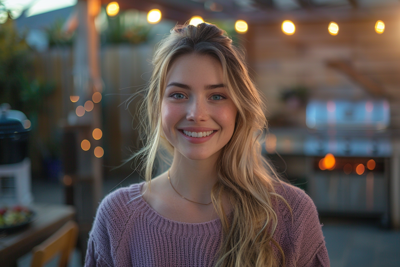 Young woman smiling against the backdrop of a family BBQ party | Source: Midjourney