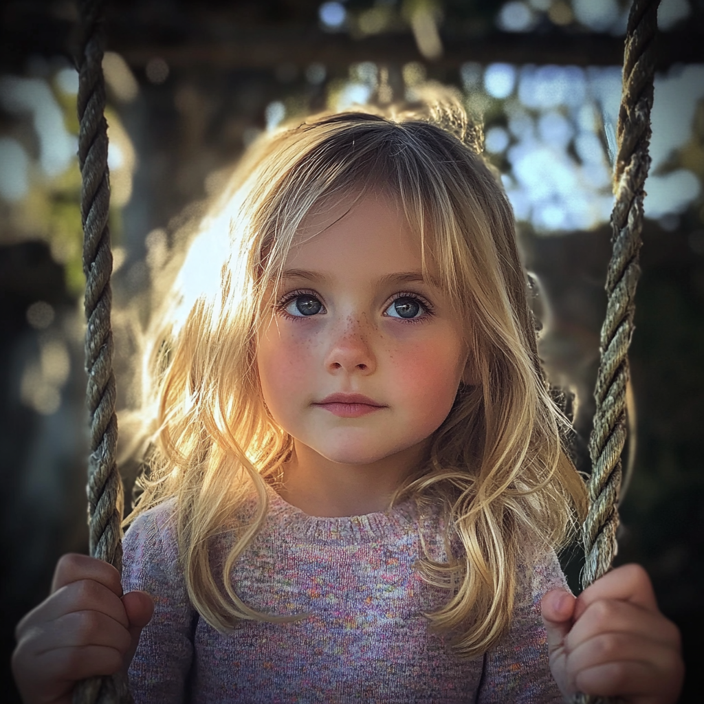 A little girl sitting on a swing | Source: Midjourney