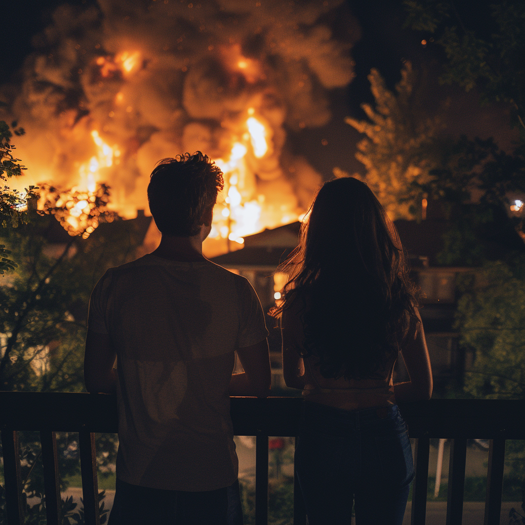 A couple on their balcony watching a house on fire in their neighborhood | Source: Midjourney