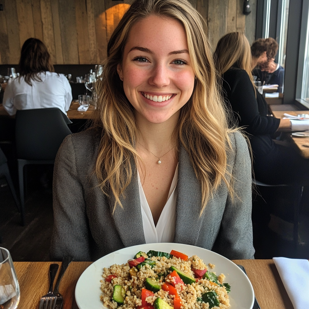 A smiling woman sitting in a restaurant | Source: Midjourney