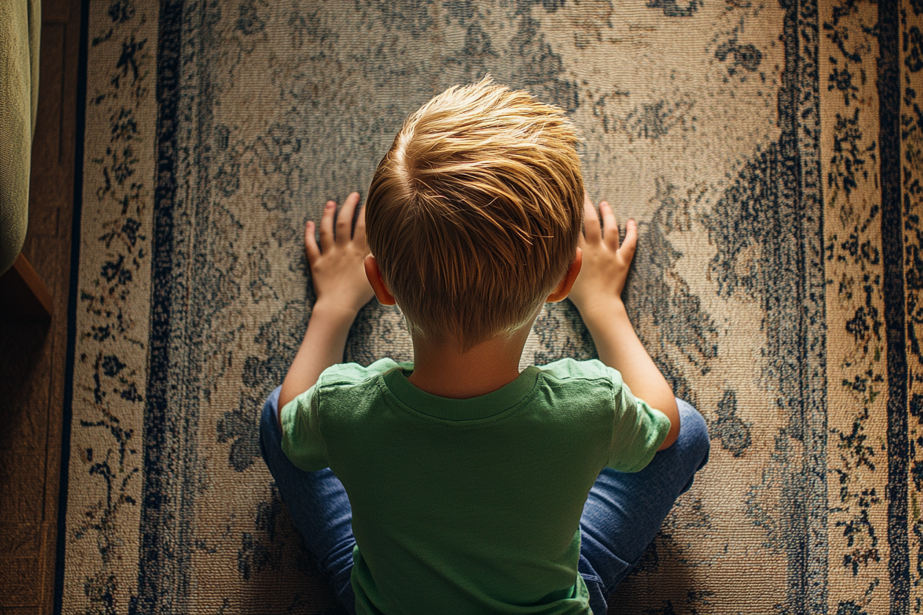 A boy examining a carpet | Source: Midjourney