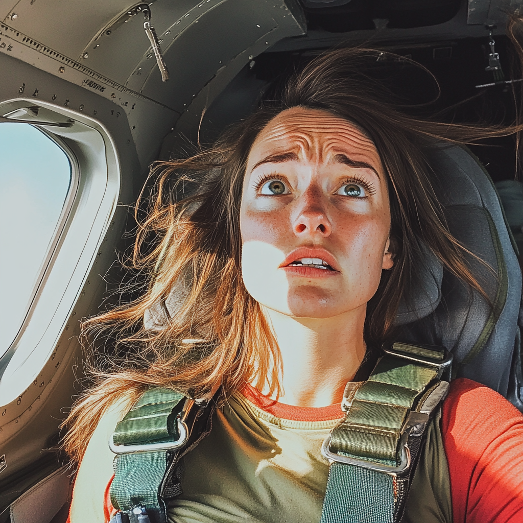 A nervous woman in a skydiving plane | Source: Midjourney