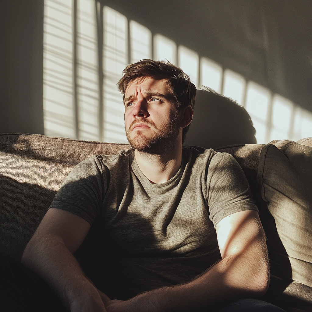 A frowning man sitting on a couch | Source: Midjourney