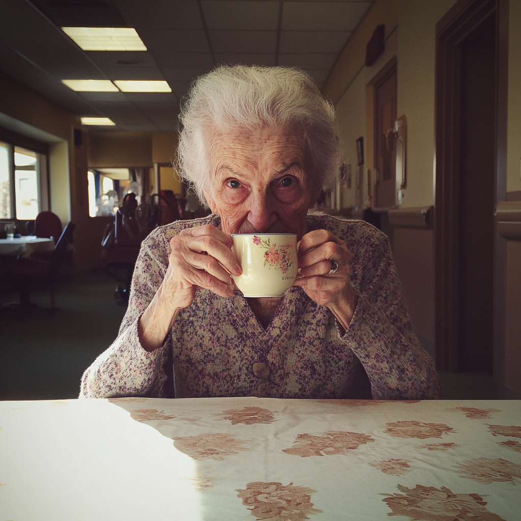 An old woman drinking tea | Source: Midjourney