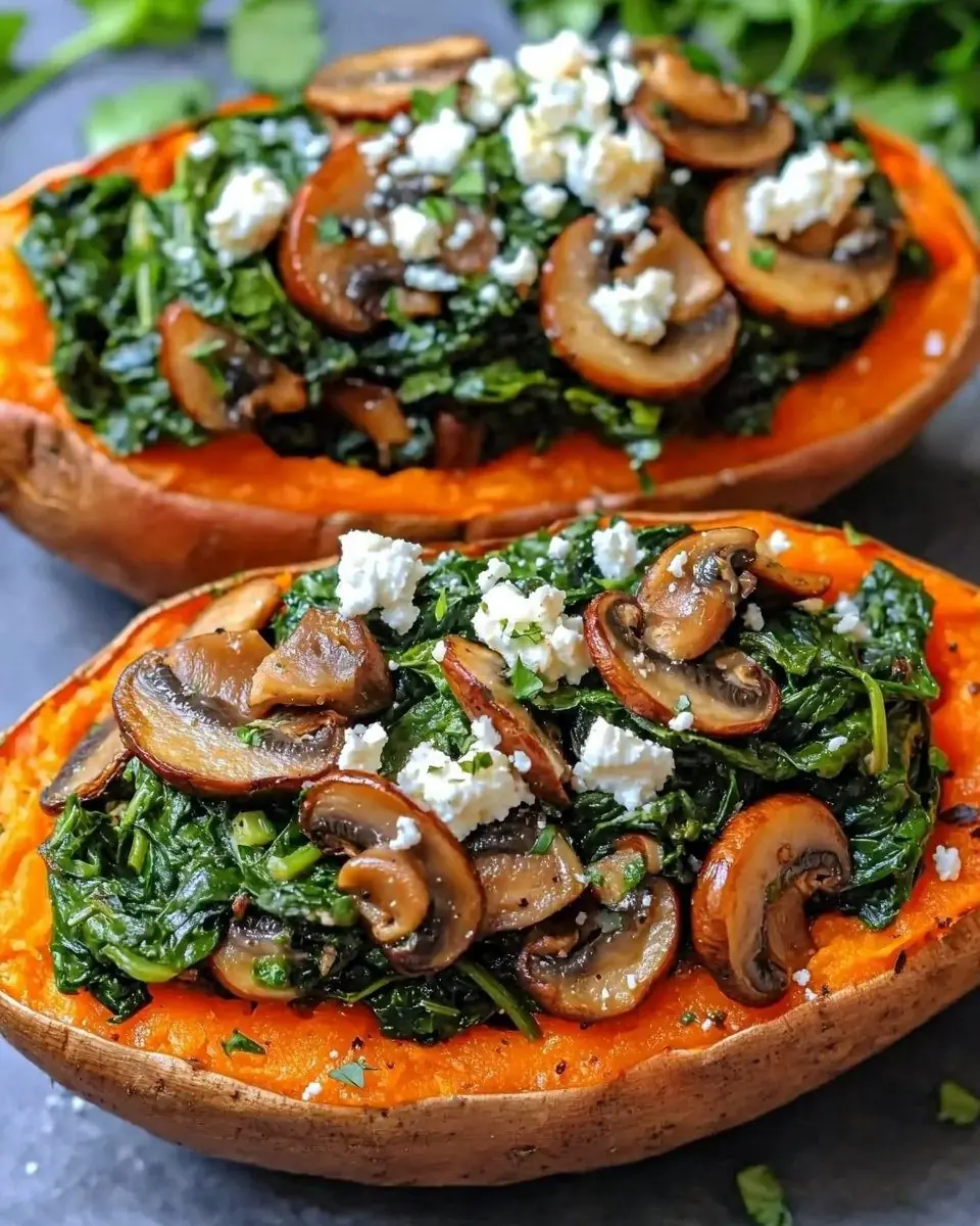 Stuffed Sweet Potatoes with Spinach, Mushroom, & Feta