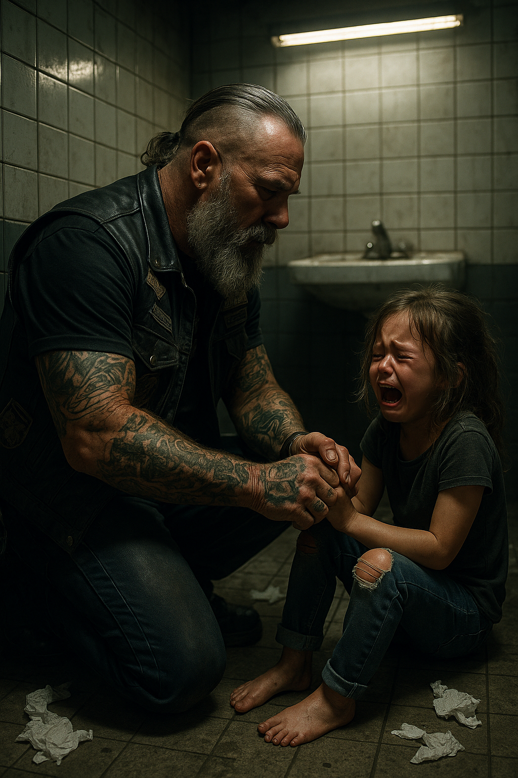 The Old Biker, at Midnight, Comes Across a Little Girl Hiding in a Restaurant Bathroom