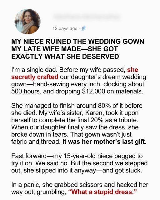 My Niece Ruined the Wedding Gown My Late Wife Made – She Got Exactly What She Deserved