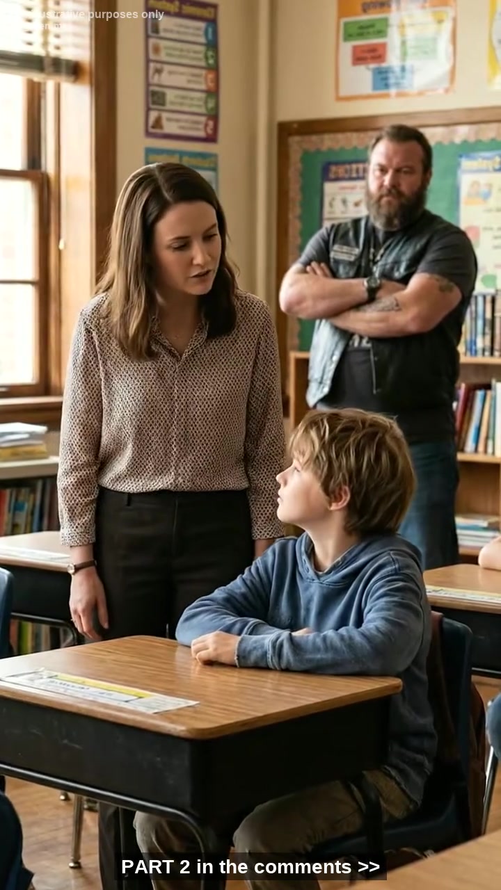A Teacher Shamed a Boy as “Fatherless” in Front of the Class, Leaving the Room Silent – Unaware That the Quiet Man in a Black Leather Vest at the Back Was About to Stand Up and Change Everything…