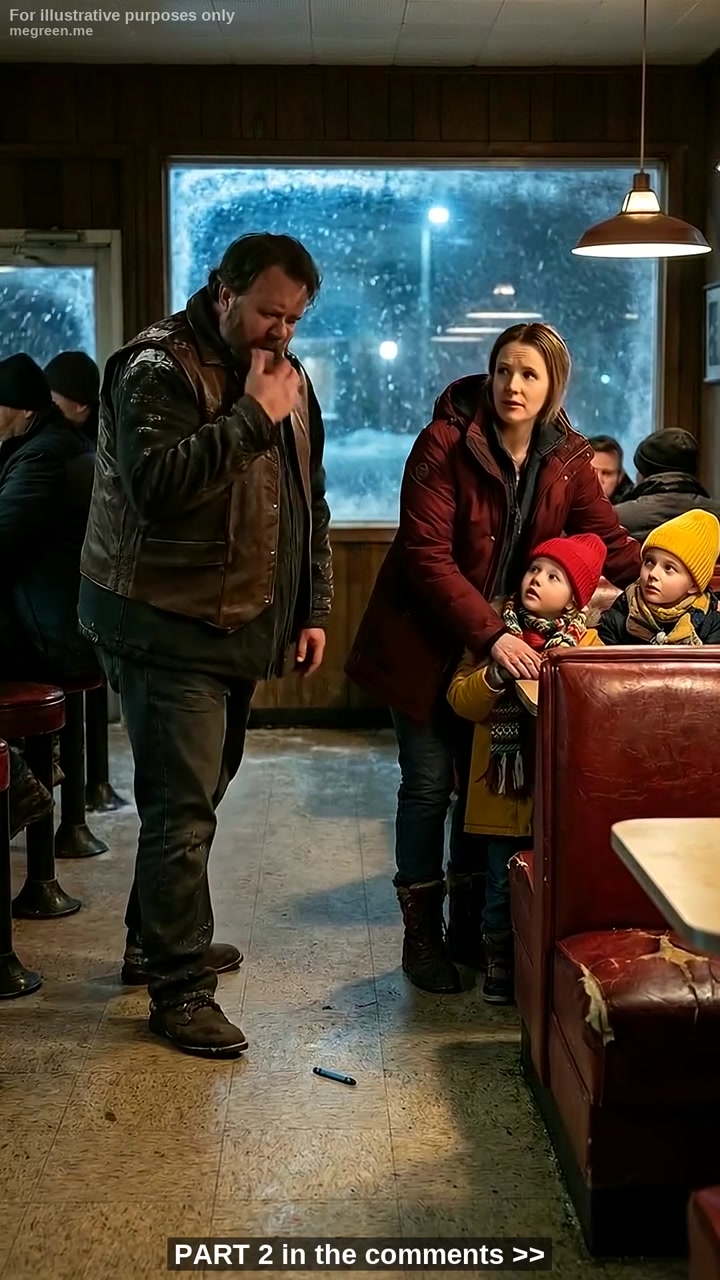 A Broke Single Mother Walked Into a Snowy Diner Late in the Night With Only $20 to Feed Her Hungry Twins, Her Fear Growing as a Leather-Clad Biker Drew Closer โ Unaware That a Small Blue Crayon Would Pull Him Back Into His Own Childhood and Quietly Change the Night