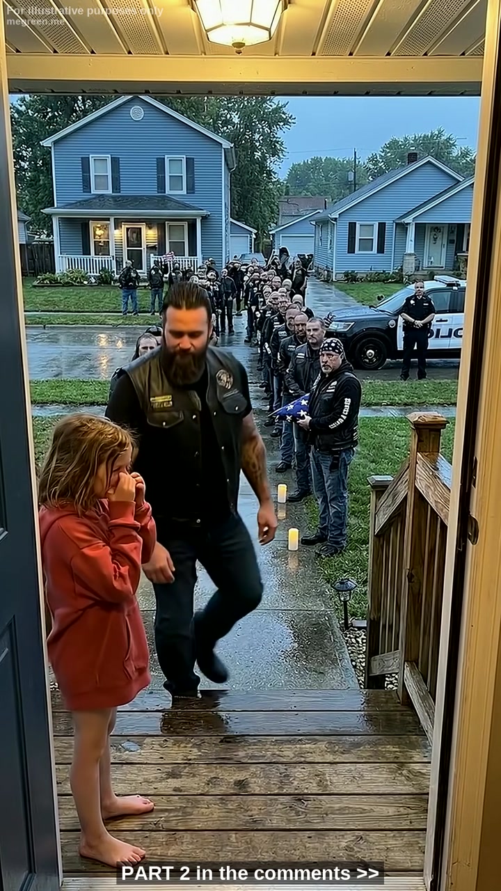 Thirty-Five Bikers Lined a Rain-Soaked Suburban Street Outside an Eight-Year-Old Girl’s Small Gray House While Nervous Neighbors Peeked Through Curtains and Called the Police – Until the Child Stepped Onto the Porch and Asked One Innocent Question That Left the Entire Block Speechless and Realizing They Had Misjudged the Silence Completely