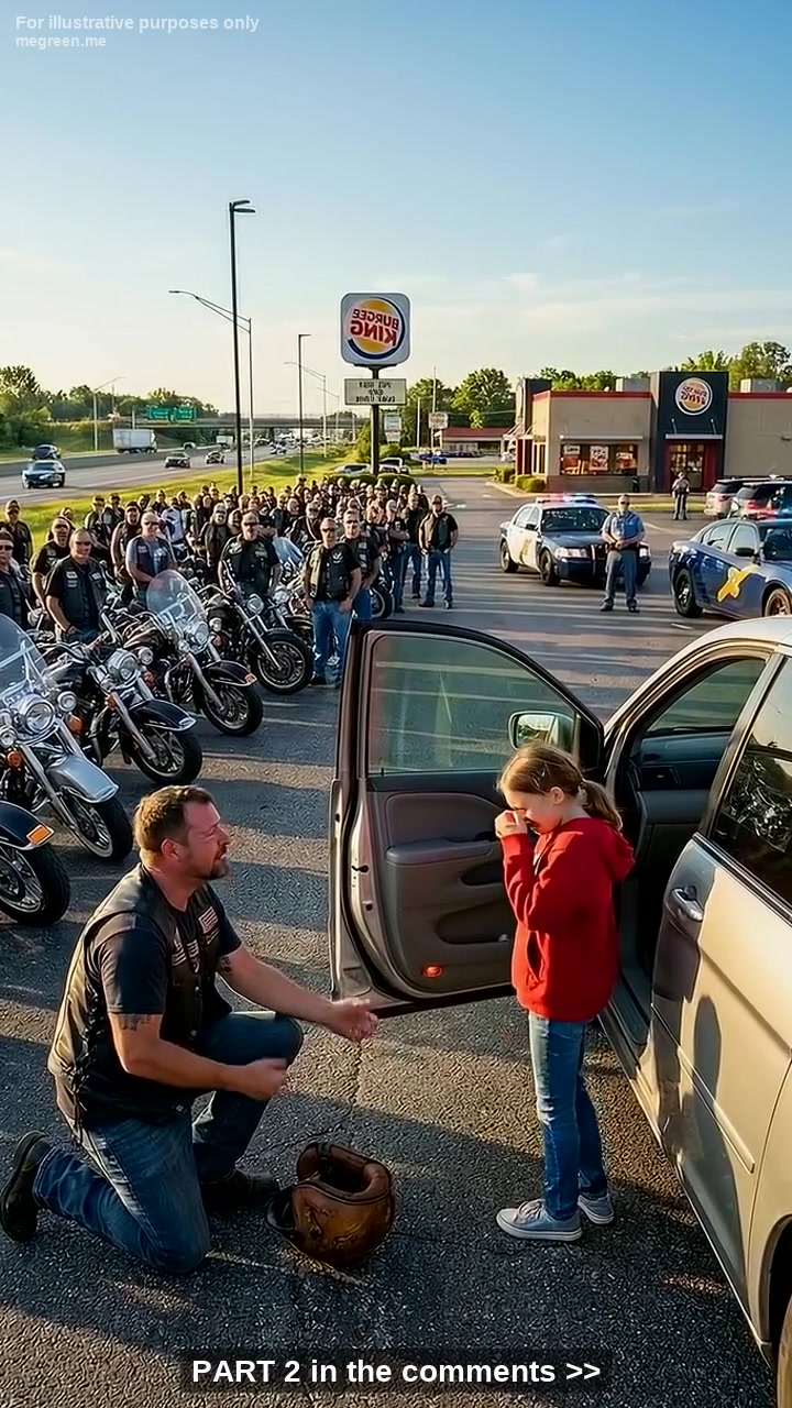 A Father Who Refused His Nine-Year-Old Daughter’s Funeral Sat Outside a Highway Drive-Thru Filming Cars for Weeks – Until a Small Red Hoodie in the Back Seat Made Him Block the Exit and 187 Riders Pulled In, Revealing She Was Still Alive People love to imagine that a man in a leather vest only has one setting – loud, reckless, ready to explode.