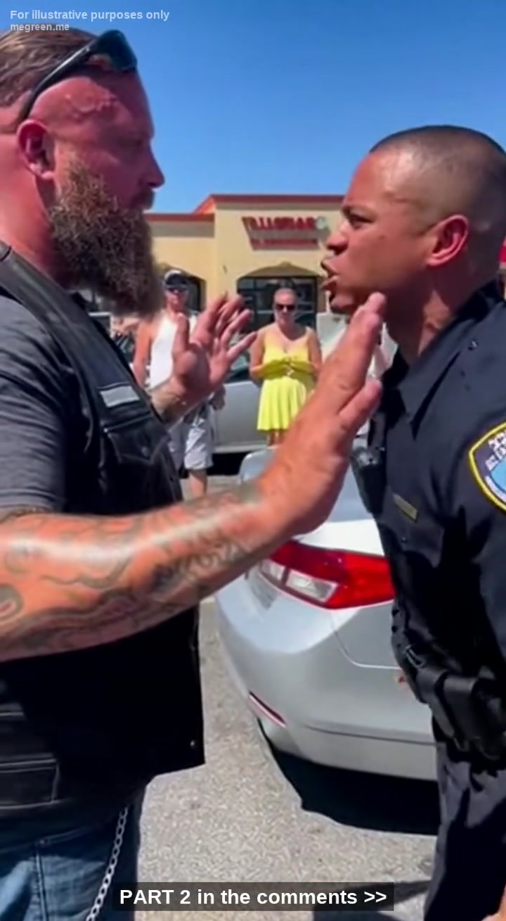 The Cop Threatened To Throw The Biker In Jail While The Crowd Cheered, But Nobody Noticed The Terrified Little Girl Trembling Behind Him – Or The Man Smiling In The Shadows