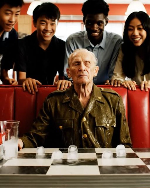 Four Arrogant College Kids Poured Pitchers Of Ice Water On My Faded Military Uniform In A Packed Diner… What Happened Under My Table Made The Entire Room Freeze.